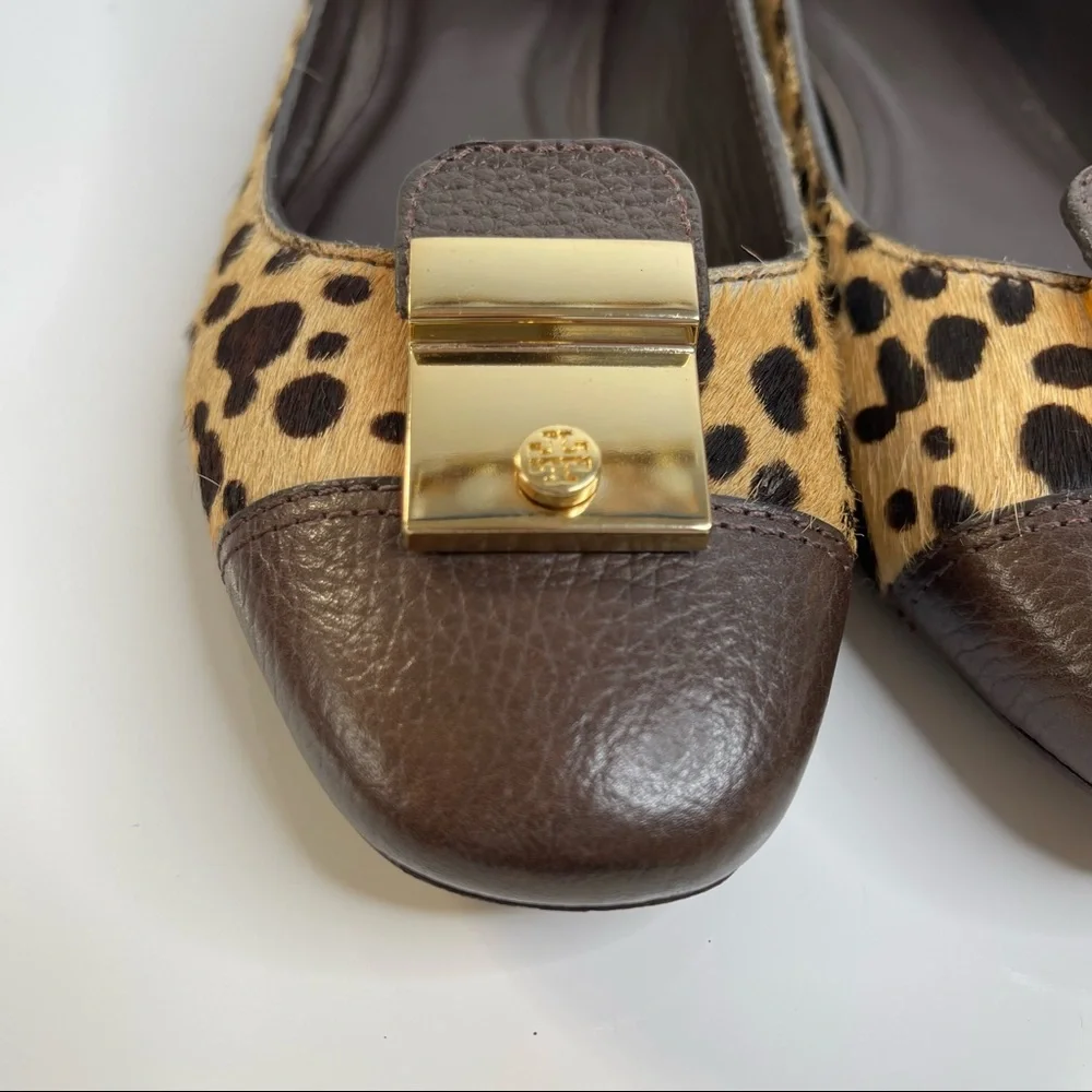 Tory Burch Priscilla Ballet Hair Calf Tumbled Leather Flat Cheetah Coconut Sz 8